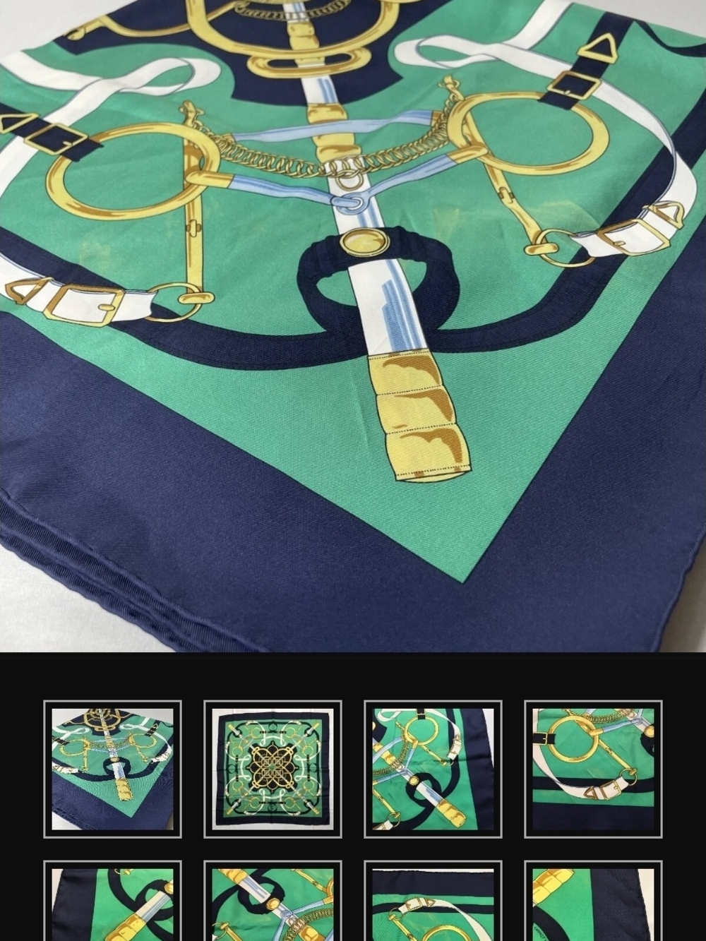 Hermes Green & Navy Silk Scarf with Gold Tack Motif